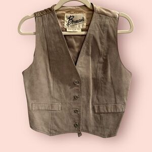 Vintage Brown / Taupe Genuine Leather Vest Minimal 90s Tailored Tie Back